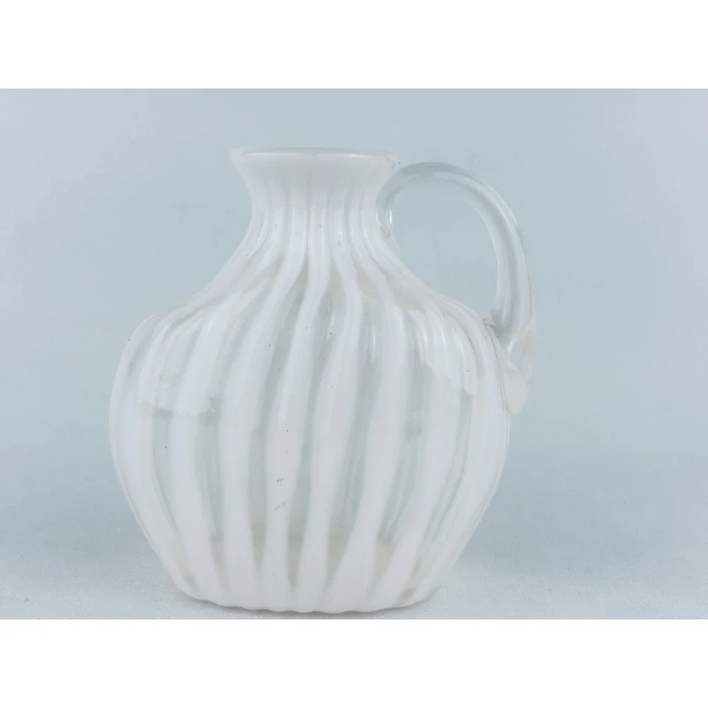 Vintage White Opalescent Swirl Glass Bottle Vase Pitcher Ribbon Hand Blown